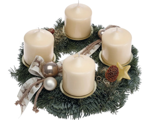 Couronne de l'Avent en sapin Nobilis Ø 30 cm h env. 15 cm y compris 4 bougies piliers Ø 7 cm h 8 cm crème