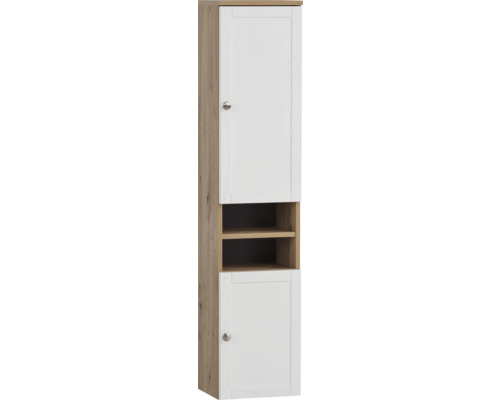Armoire haute Möbelpartner Jesper lxhxp 30.3x138.3x25.4 cm artisan chêne blanc mat Armoire haute avec deux portes et compartiments ouverts