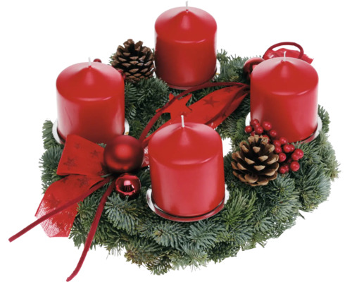 Couronne de l'Avent sapin Abies Nobilis Ø 30 cm avec bougies pilier Ø 7 cm h 8 cm rouge Couronne de l''Avent avec quatre bougies, branches de sapin et décoration