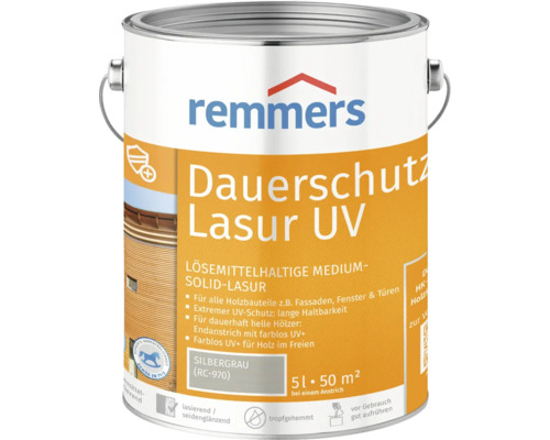 Lasure de protection anti-UV longue durée gris argent 5 l Pot de lasure pour bois de Remmers, Dauerschutz Lasur UV, gris argenté, cinq litres