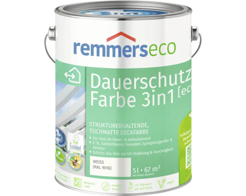 Peinture à l'huile pour bois Remmers eco RAL 9016 blanche 5 l Remmers Eco Dauerschutz Couleur 3en1, peinture pour bois intérieur et extérieur, 5 litres