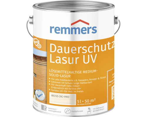 Lasure de protection anti-UV longue durée Remmers blanc 5 l Lasure de protection longue durée UV Remmers, lasure à corps solide à base de solvants, bidon de 5 litres pour bois extérieur