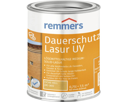 Lasure de protection anti-UV longue durée Remmers chêne clair 750 ml Lasure UV Remmers Dauerschutz pour bois dans un seau métallique