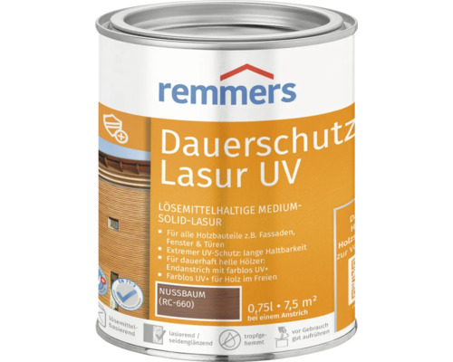 Lasure de protection anti-UV longue durée Remmers noyer 750 ml Remmers Dauerschutz Lasur UV Noyer, lasure pour bois en bidon
