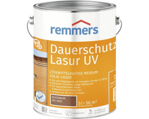 Lasure de protection anti-UV longue durée Remmers noyer 5 l Remmers Dauerschutz Lasur UV, lasure pour bois à base de solvant en seau métallique