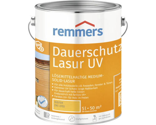 Lasure de protection anti-UV longue durée Remmers pin 5 l Remmers Dauerschutz Lasur UV, lasure à protection longue durée, à base de solvant, médium solide, en pot de 5 litres