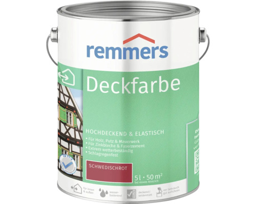 Peinture couvrante pour bois Remmers rouge suède 5 l Peinture couvrante Remmers en seau métallique, contenance de 5 litres, convient pour le bois, le plâtre et la maçonnerie