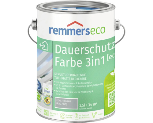 Peinture à l'huile pour bois Remmers eco RAL 7040 gris fenêtre 2,5 l Seau de peinture avec peinture de protection durable Remmers Eco 3en1, 2,5 litres, pour bois intérieur et extérieur