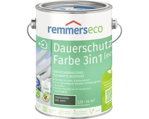 Peinture à l'huile pour bois Remmers eco RAL 6009 vert sapin 2,5 l Remmers Eco Dauerschutz Peinture 3en1 dans un seau de peinture