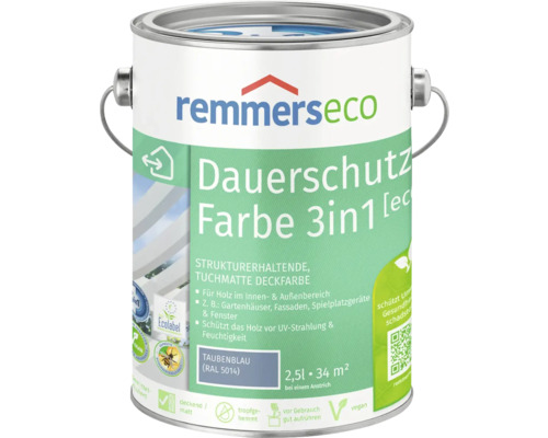 Peinture à l'huile pour bois Remmers eco RAL 5014 bleu pigeon 2,5 l Seau de peinture Remmers Eco Dauerschutz Farbe 3en1 pour bois intérieur et extérieur, contenu 2,5 litres