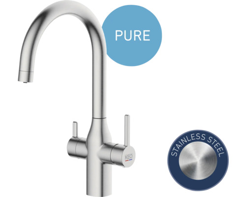 Robinet de cuisine en acier inoxydable avec bec haut et symbole Pure