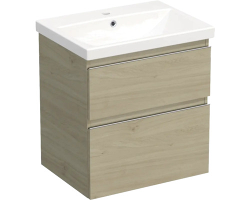 Jungborn Waschplatz TRENTA BxHxT 60x65x45 cm kendal eiche natur mit Keramik-Waschtisch Griffleiste chrom matt Waschtischunterschrank mit zwei Schubladen und Keramikwaschbecken