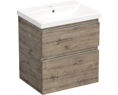 Jungborn Waschplatz TRENTA BxHxT 60x65x45 cm wellington eiche mit Keramik-Waschtisch Griffleiste chrom matt Waschtischunterschrank mit zwei Schubladen und Aufsatzwaschbecken
