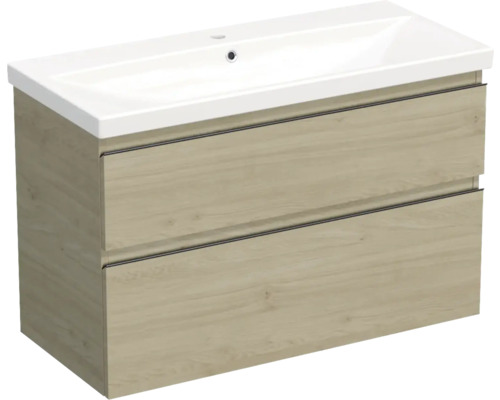 Meuble de lavabo Jungborn TRENTA lxhxp 100x65x45 cm kendal chêne naturel avec vasque céramique barre de prise noire