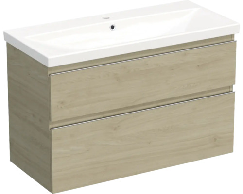 Meuble de lavabo Jungborn TRENTA lxhxp 100x65x45 cm kendal chêne naturel avec vasque céramique barre de prise chrome mat