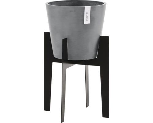 Pot de fleurs gris sur support à plantes noir