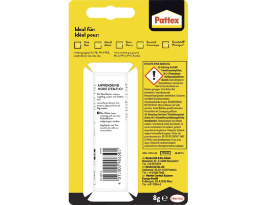 Colle Pattex adaptée pour le bois, le métal, la pierre, la céramique et le plastique