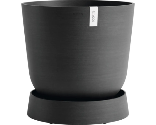 Dunkelgrauer Pflanztopf aus Kunststoff mit Untersetzer