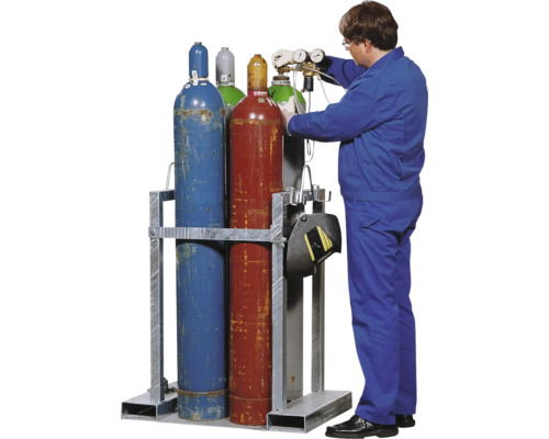 Châssis de transport pour bouteilles de gaz en acier, pour 4 bouteilles, avec étrier de protection, galvanisé à chaud Châssis de transport pour bouteilles de gaz en acier, pour 4 bouteilles, avec étrier de protection, galvanisé à chaud
