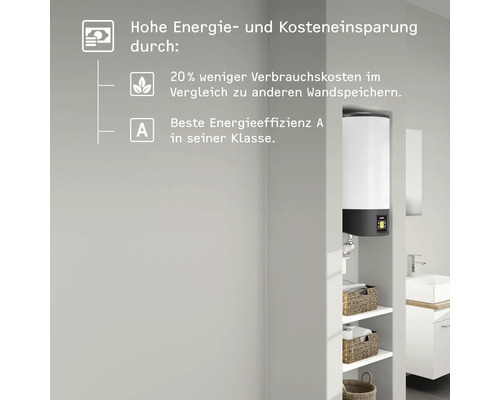 Hohe Energie- und Kosteneinsparung durch einen Wandspeicher im Badezimmer.