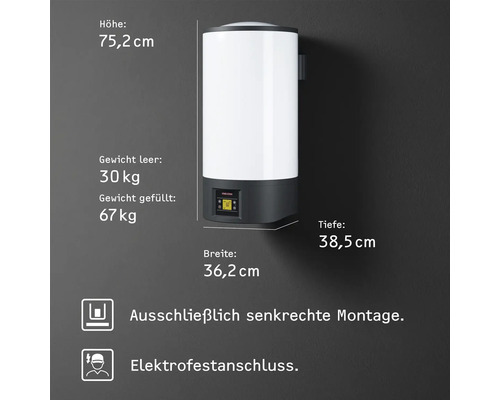 Elektrischer Warmwasserspeicher mit technischen Daten zur vertikalen Montage und Elektrofestanschluss.