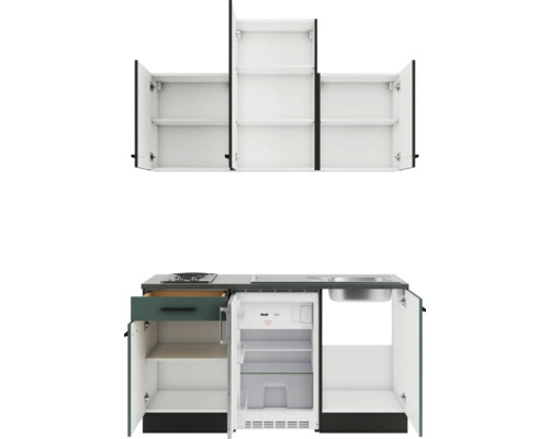 Moderne Miniküche mit Spüle, Kochfeld, Kühlschrank und Hängeschränken