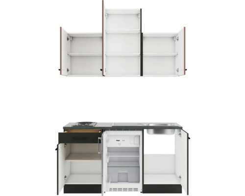 Kompakte Küchenzeile mit Spüle, Kochfeld, Kühlschrank und Stauraum in Ober- und Unterschränken.