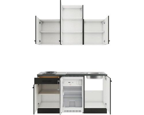 Mini-cuisine avec éléments hauts, évier et réfrigérateur