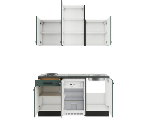 Kompakte Miniküche mit Hängeschränken, Spüle, Kochfeld und Kühlschrank