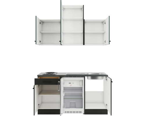 Kompakte Miniküche mit Spüle, Kochfeld, Kühlschrank und Hängeschränken.