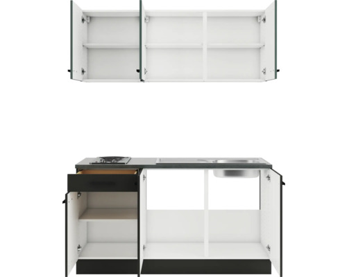 Kompakte Küche mit Ober- und Unterschränken, Spüle und Kochfeld