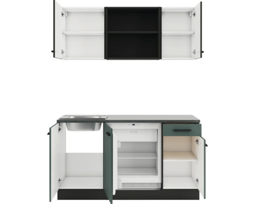 Kompakte Miniküche mit Spüle, Kühlschrank und Hängeschrank für kleine Räume