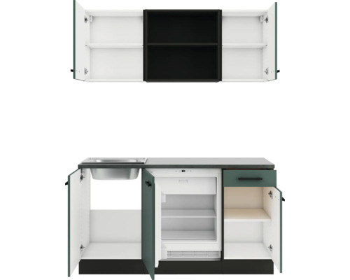 Kompakte Küchenzeile mit Spüle, Kühlschrank und Stauraum