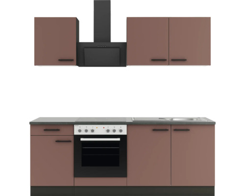 Cuisine complète avec évier, cuisinière, hotte et armoires