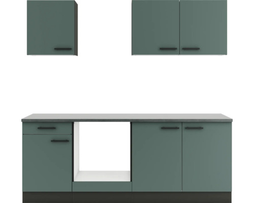 Küchenzeile mit Unterschränken, Arbeitsplatte und Hängeschränken