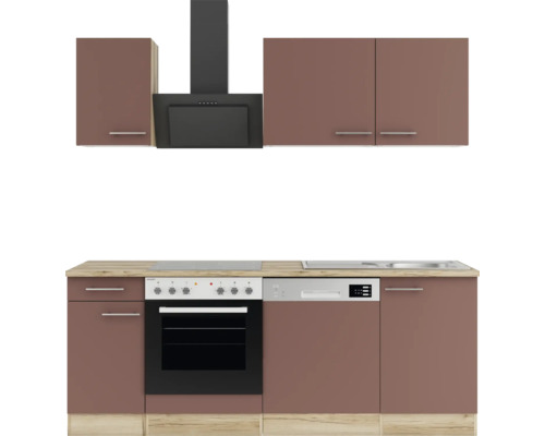 Küchenzeile mit Unterschränken, Hängeschränken, Dunstabzugshaube, Spüle, Herd und Geschirrspüler