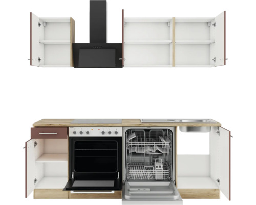 Küchenzeile mit Spüle, Geschirrspüler, Herd, Dunstabzugshaube und Schränken