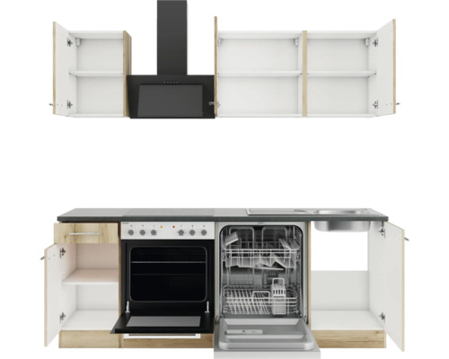 Bloc cuisine avec hotte aspirante, lave-vaisselle, cuisinière et armoires hautes