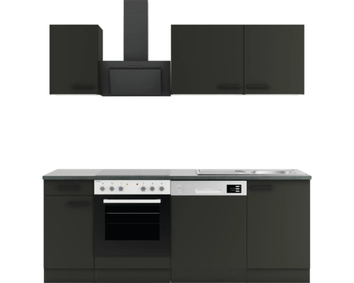 Komplette Küchenzeile mit Hängeschränken, Dunstabzugshaube, Herd, Spülmaschine und Spüle