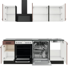 Cuisine équipée avec évier, lave-vaisselle, cuisinière, four, hotte aspirante et meubles hauts
