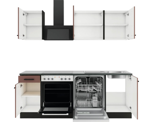 Küchenzeile mit Spüle, Geschirrspüler, Herd, Backofen, Dunstabzugshaube und Hängeschränken