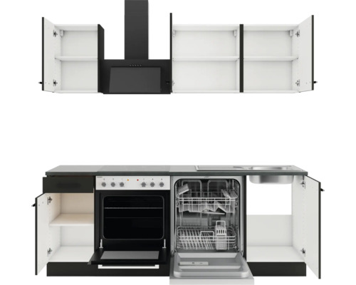 Küchenzeile mit Hängeschränken, Dunstabzugshaube, Herd, Spülmaschine und Spüle