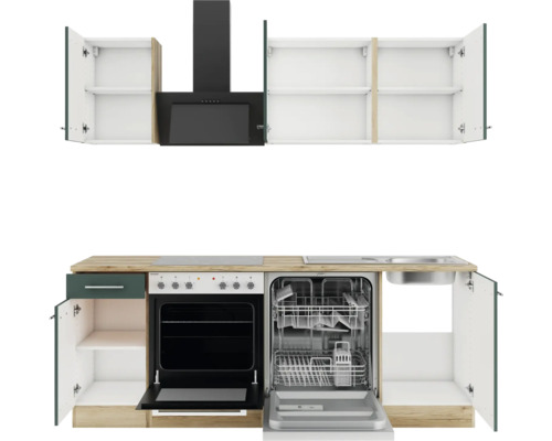 Cuisine équipée avec évier, cuisinière, four, lave-vaisselle et hotte aspirante, ainsi que des portes d''armoires ouvertes.