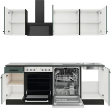 Cuisine équipée avec éléments hauts, hotte aspirante, cuisinière, four, lave-vaisselle et évier