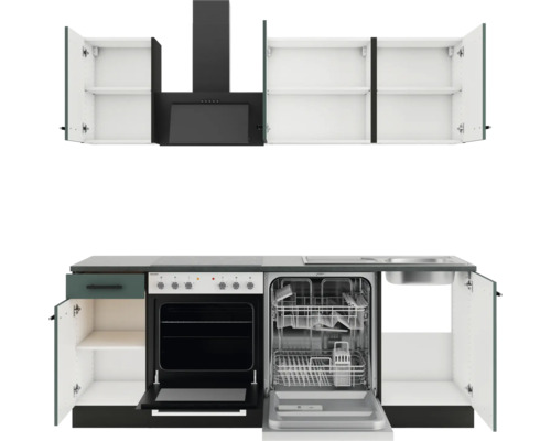 Cuisine équipée avec éléments hauts, hotte aspirante, cuisinière, four, lave-vaisselle et évier