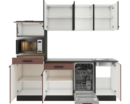 Küchenzeile mit Geschirrspüler, Spüle, Mikrowelle und Schränken