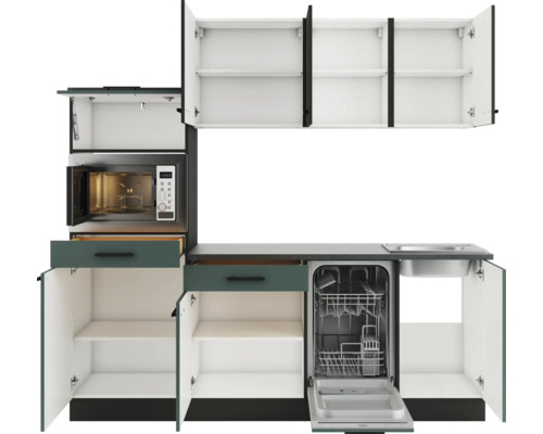 Küchenzeile mit Spüle, Spülmaschine und Mikrowelle