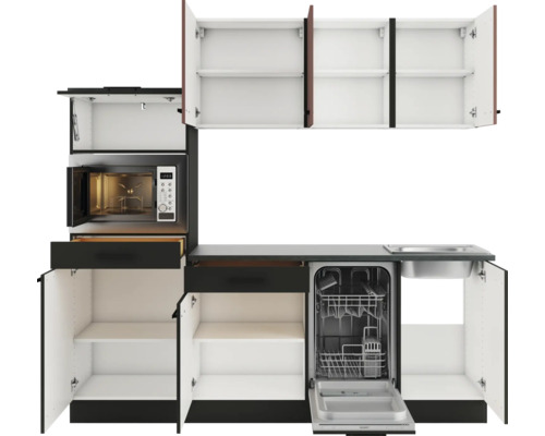 Küchenzeile mit Mikrowelle, Spülmaschine, Spüle und Schränken