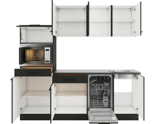 Küchenzeile mit Mikrowelle, Geschirrspüler, Spüle und Schränken