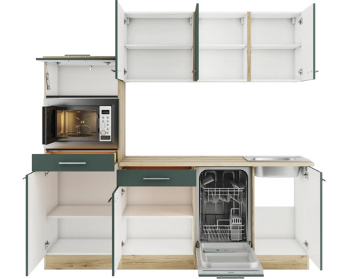 Küchenzeile mit Schränken, Schubladen, Spülbecken, Geschirrspüler und Mikrowelle